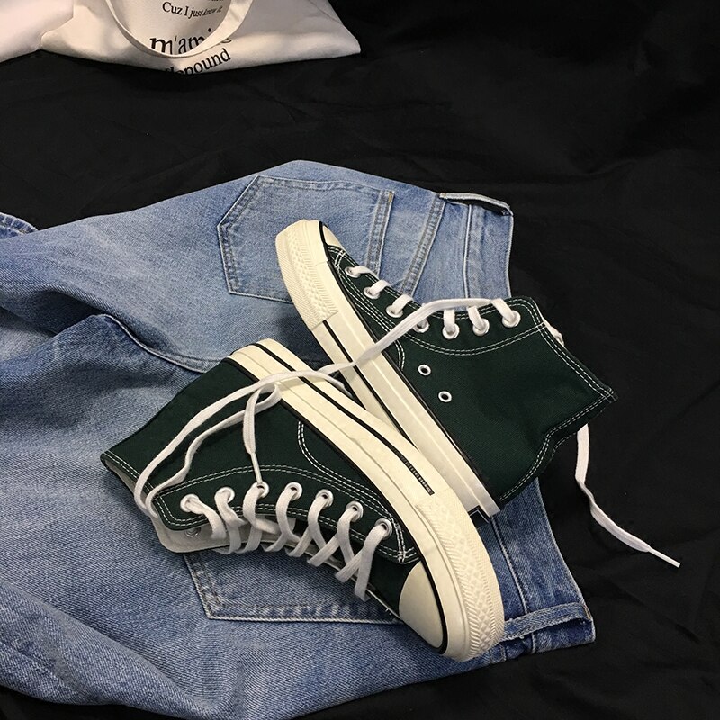 Green High Top Men Casual Shoes Harajuku Lovers Casual INS Pave College Canvas Shoes Unisex Flats