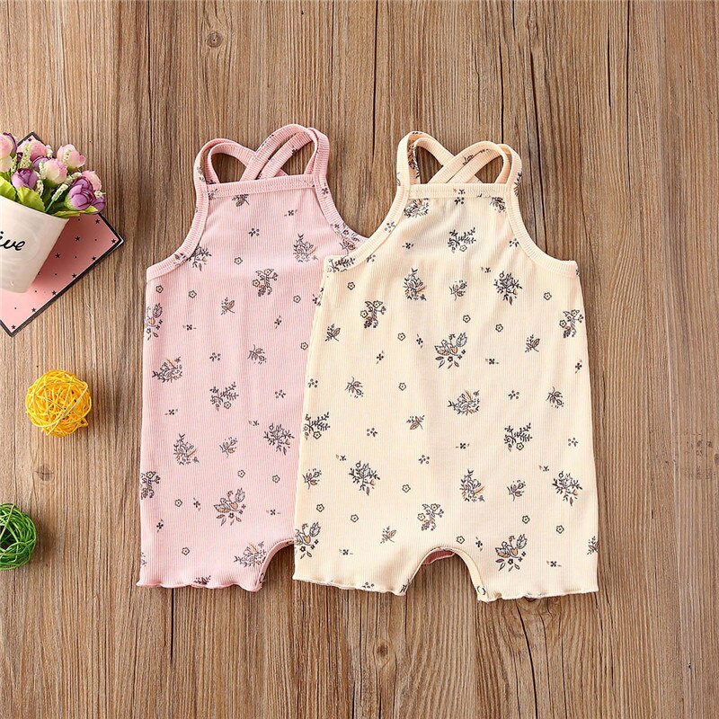Atmungsaktive Kleinkind ärmellos Spielanzug Sommer Süße Stil Baby Jungen Mädchen Blumen- Werk Druck Kreuz Nacken Riemen Strumpf Gesamt