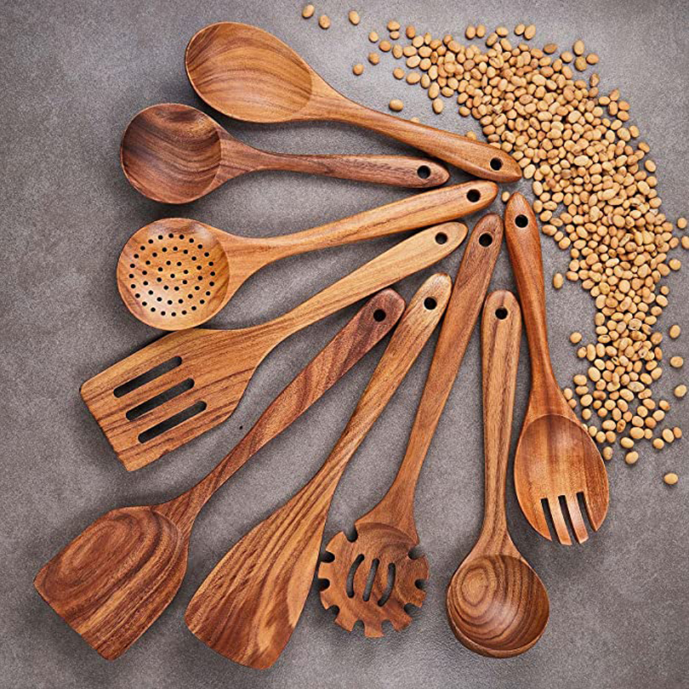 1-9 unids/set juego de utensilios de cocina de madera, cucharas de madera para cocinar, utensilios, cucharas de madera de teca Natural para de sartén antiadherente