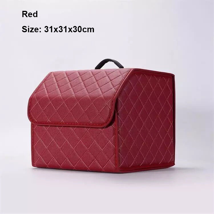 Car storage bag PU leather trunk storage box storage bag foldable car trunk storage and finishing high-end luxury storage box: Red  small