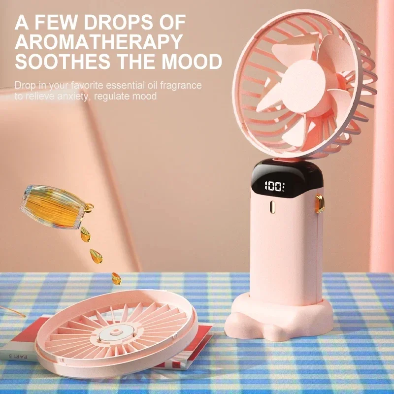Mini ventilador portátil de mano, ventiladores plegables para colgar en el cuello, ventilador recargable por USB de 5 velocidades con soporte para teléfono y pantalla de visualización de 1800mAh