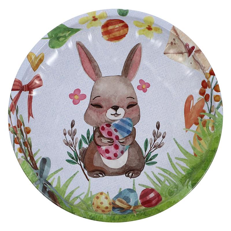 1Pc Easter Day Rabbit Pattern Decorative Fruit Plate Iron Fruit Plate Nut Tray Snack Plate Easter Bunny Fruit Tray 19.5cm: Happy Bunny