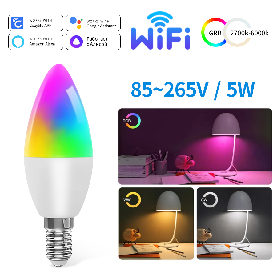 Cozylife WiFi Clever Glühbirne E14 9W Kerze Alexa Lampe LED-leuchten Birne RGB Dimmbare LED-lampen APP sprachsteuerung Google Heimat Yan: Grün