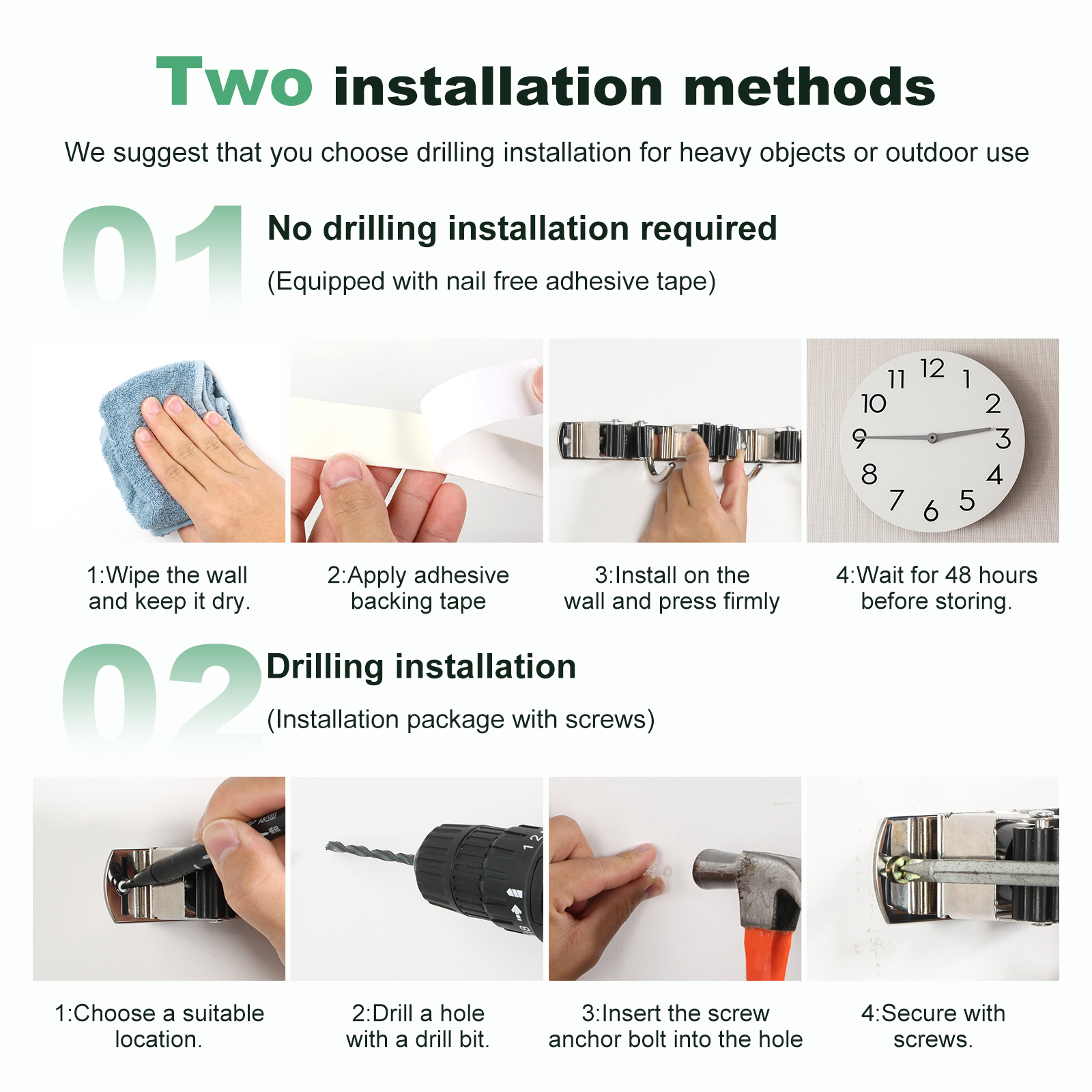 Mopp- och kvasthållare i rostfritt stål, väggmonterad, stark kvasthållare för badrumskök