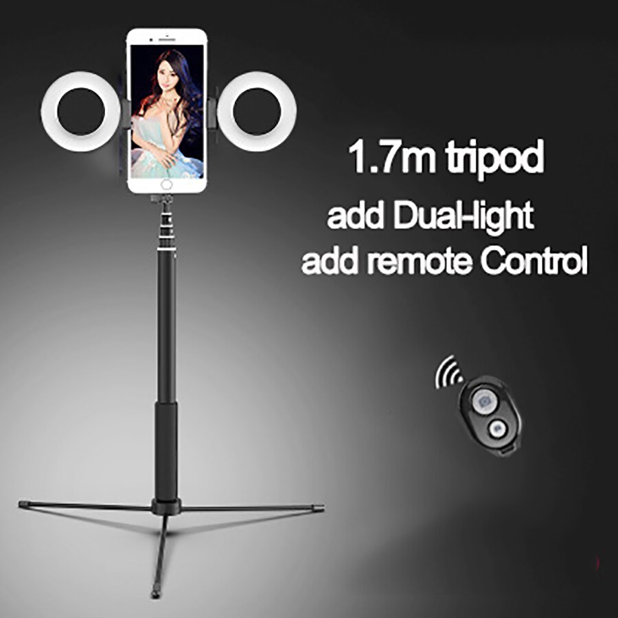 1.7 M Selfie Stok Telefoon Statief Met Dual Led Ring Licht Uitschuifbare Live Statief Stand Portret Vullen Licht Voor Iphone 7 8 Xiaomi: Black Dual Light