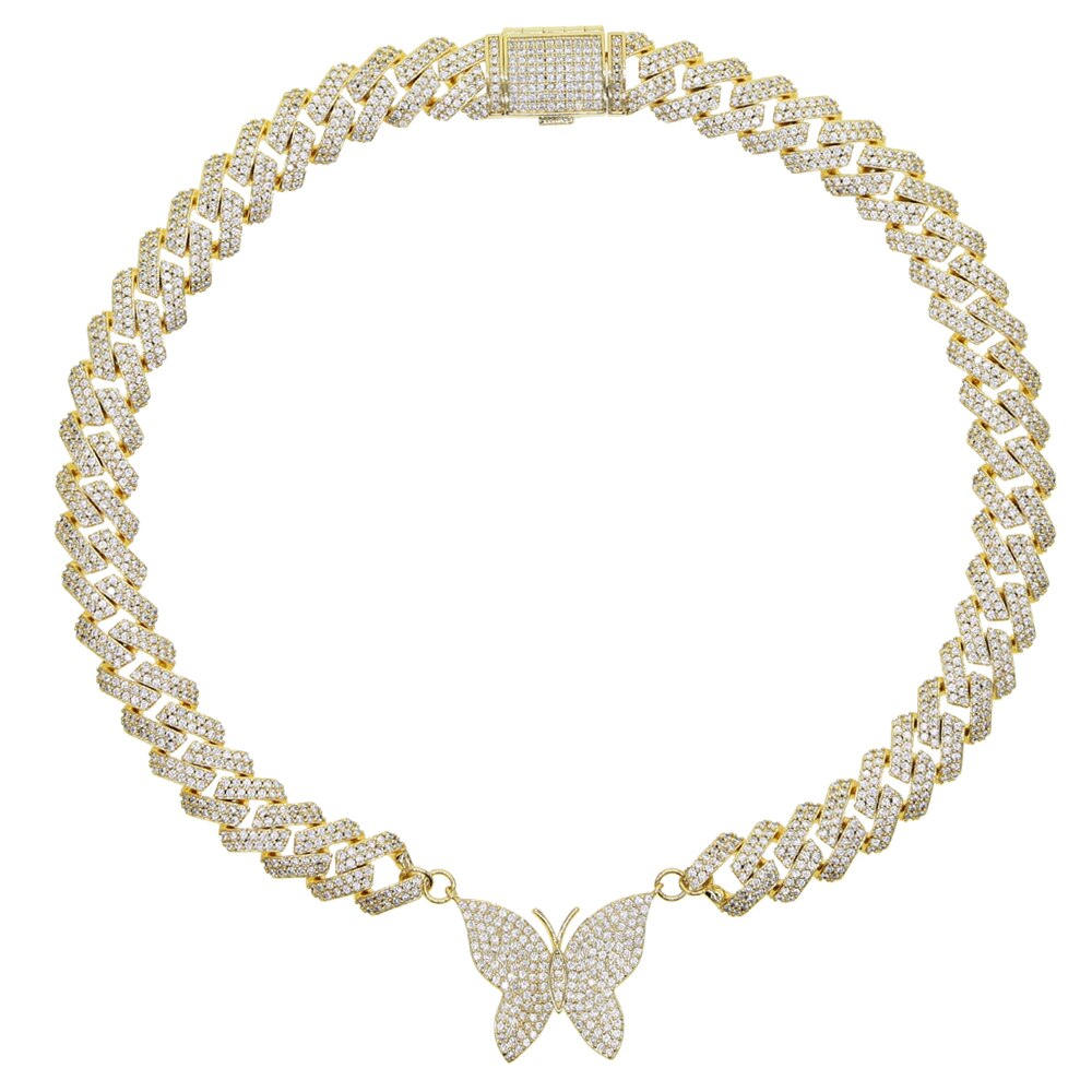 12mm Iced Out Bling cz Miami Cuban Link Chain Butterfly Necklace choker 2Row AAAA cz Bling Bling necklace women Hip Hop jewelry: Gold-color