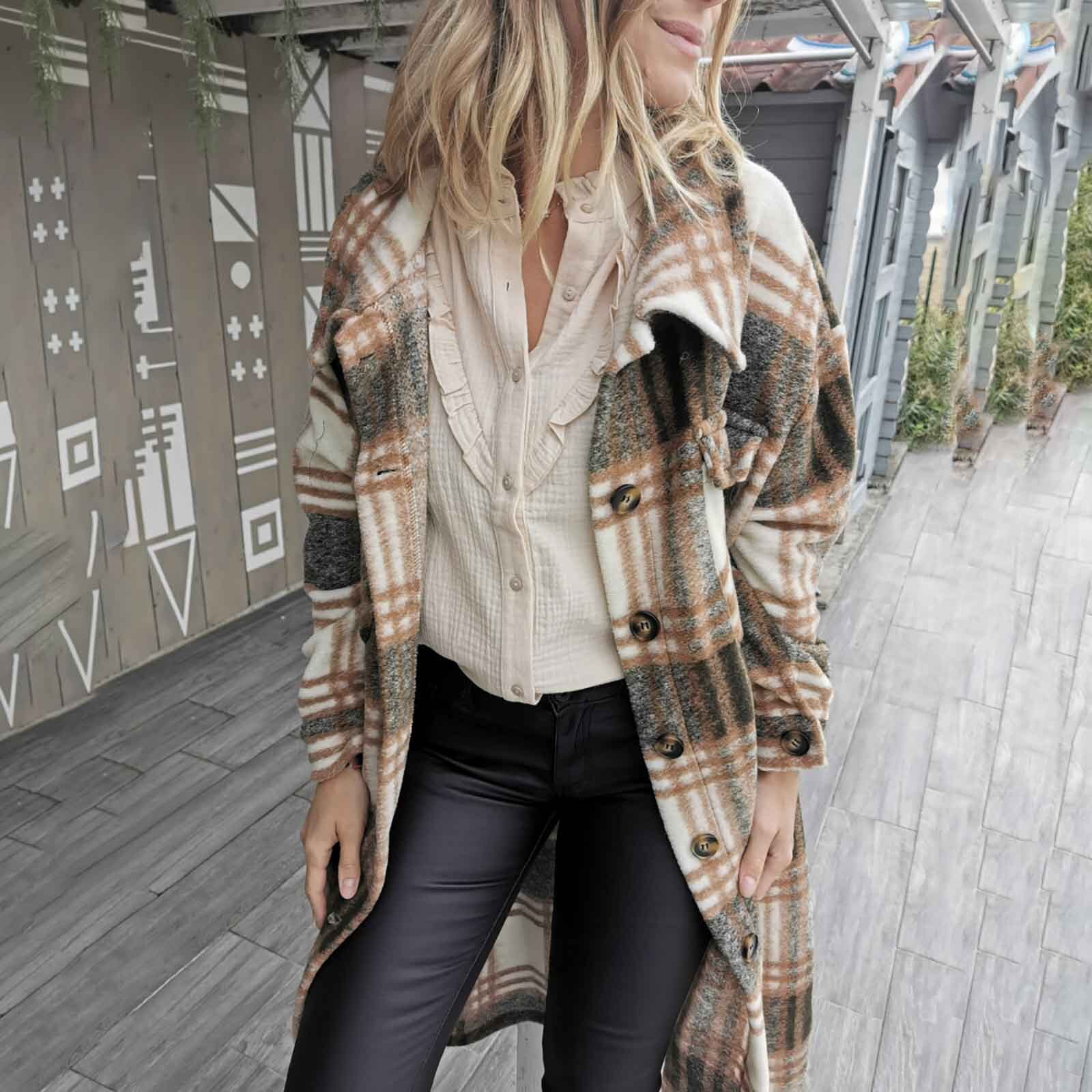 Ladies Lapel Plaid Print Long Coat Women Lattice Turn Down Collar Buttons Pockets Long Sleeve Jacket Loose Jackets Top #T2G: A / XXL