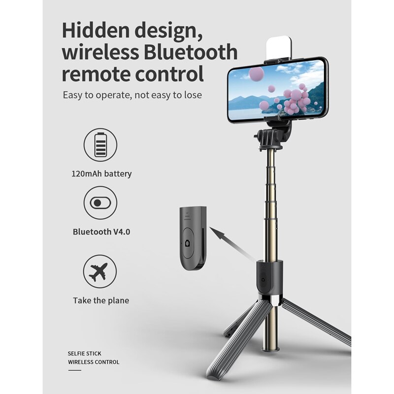 Kabelloser bluetooth-selfie-stick, faltbares mini-stativ, tragbarer handyhalter mit fülllicht für ios- und android-smartphones
