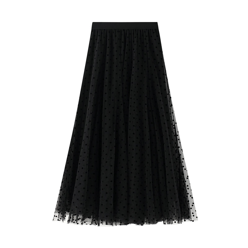 Jupe longue en Tulle pour femmes, Vintage, à pois, noir, kaki, gris, bleu marine, WF0123, été: Black