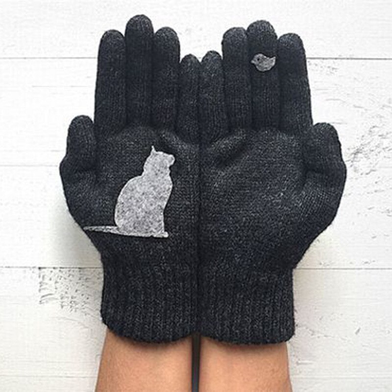 Tegneseriekat strikkede handsker kvinder vinter varm udendørs ridning tykkere trykte koldt bevis efterligning kashmir ren farve bløde handsker: Sort