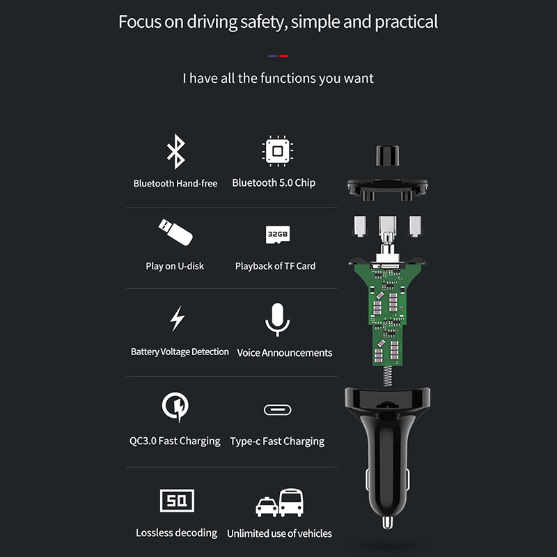 Onever Bluetooth 5.0 Fm Transmitter Car Kit MP3 Modulator Auto-oplader QC3.0 Dubbele Usb Met Led Rooster Screen Eq Modus