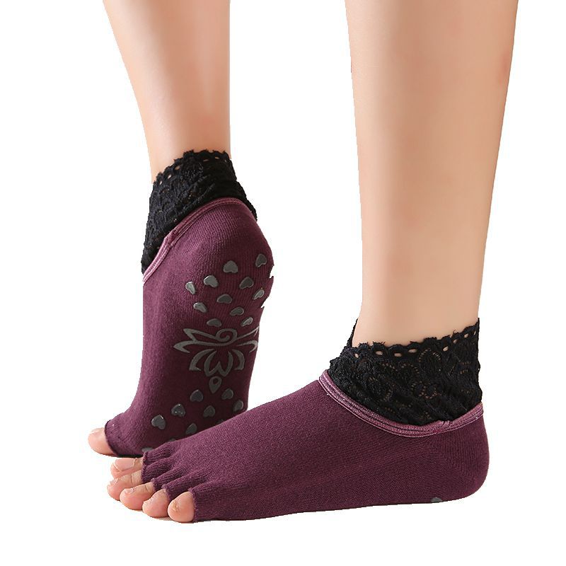 1 pair Women Yoga Five Toe Anti-Slip Ankle Grip Socks Dots Pilates Fitness Gym Socks Ladies Sports Socks With Lace: A Purple