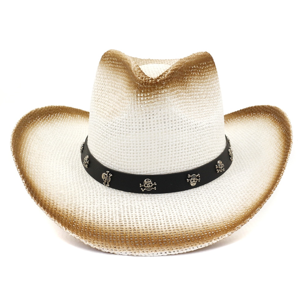 Qbhat Bruin Spray Verf Mannen Vrouwen Papier Stro Zon Cowboy Hoeden Met Schedel Riem Decor Zomer Brede Rand Zonnehoed Panama strand Cap: WHITE