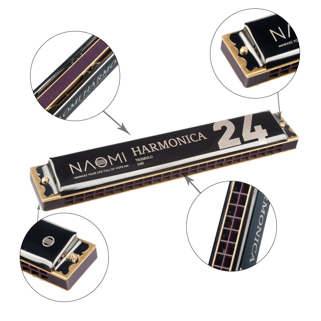 H1 Harmonica C Tone 24 Holes Tremolo Harmonica Musical Harmonica Beginners Children Tremolo Harmonica Polyphonic black