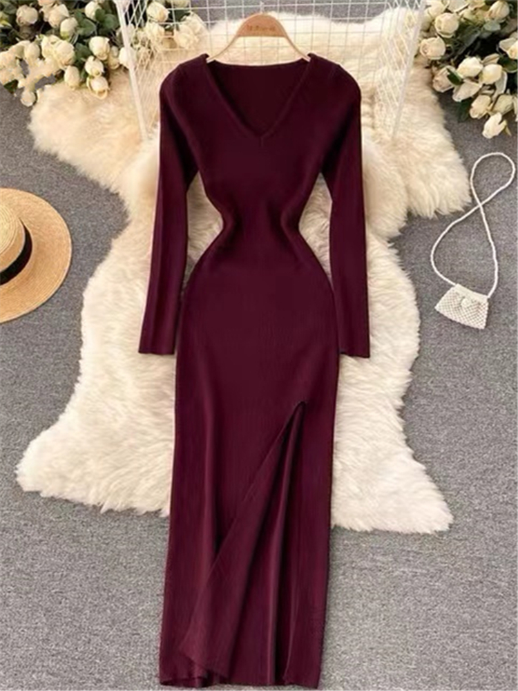 REALEFT Otoño Invierno francés Sexy hendidura suéter de las mujeres vestido femenino con cuello en V ajustado vestidos envolventes 2023: S / Color claret