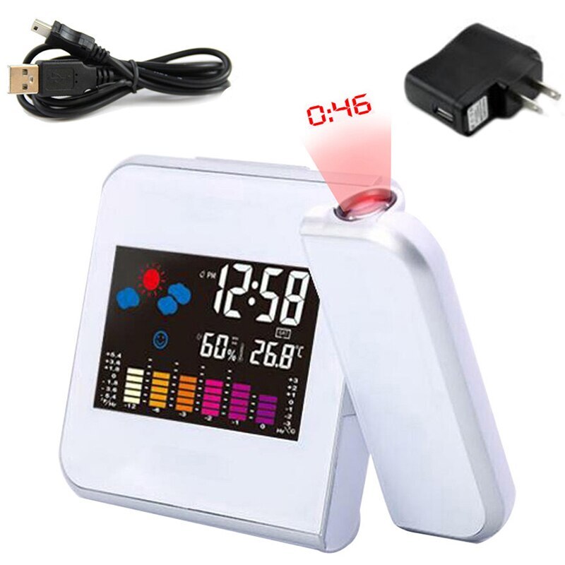 Digital projektion väckarklocka väderstation temperatur termometer skrivbord tid datum display projektor kalender usb laddare: Vit usb us-kontakt