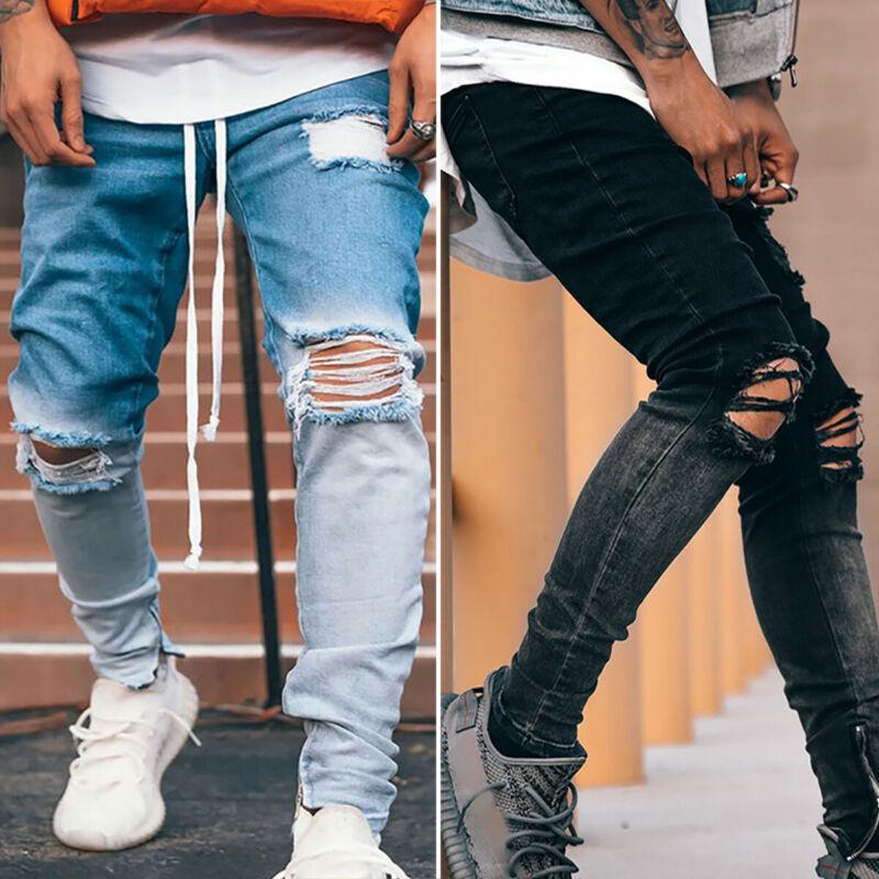 Vicabo herrebukser stretch lange jeans plus størrelse 3xl sorte herre gradient bukser med revet hul herre blå denimbukser