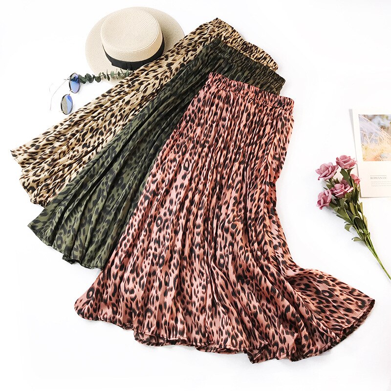 Qooth sommar höst kvinnor lång leopardkjol elastisk midja chiffong veckade kjolar casual maxi beach tryckt kjol  df650