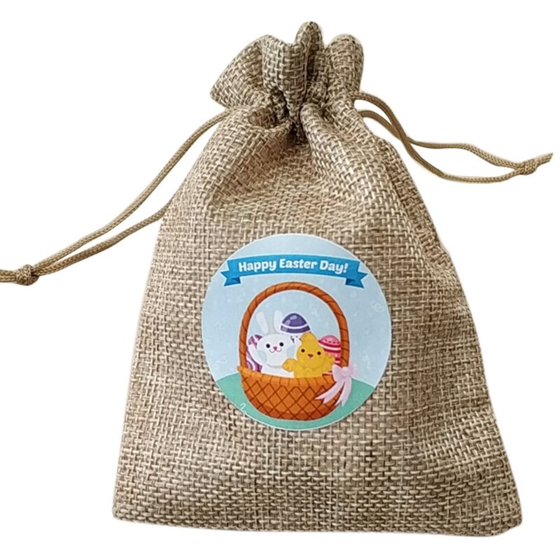 10 Pcs Easter Burlap Goody Bags Cute Sticker Treat Drawstring Linen Bags 63HC
