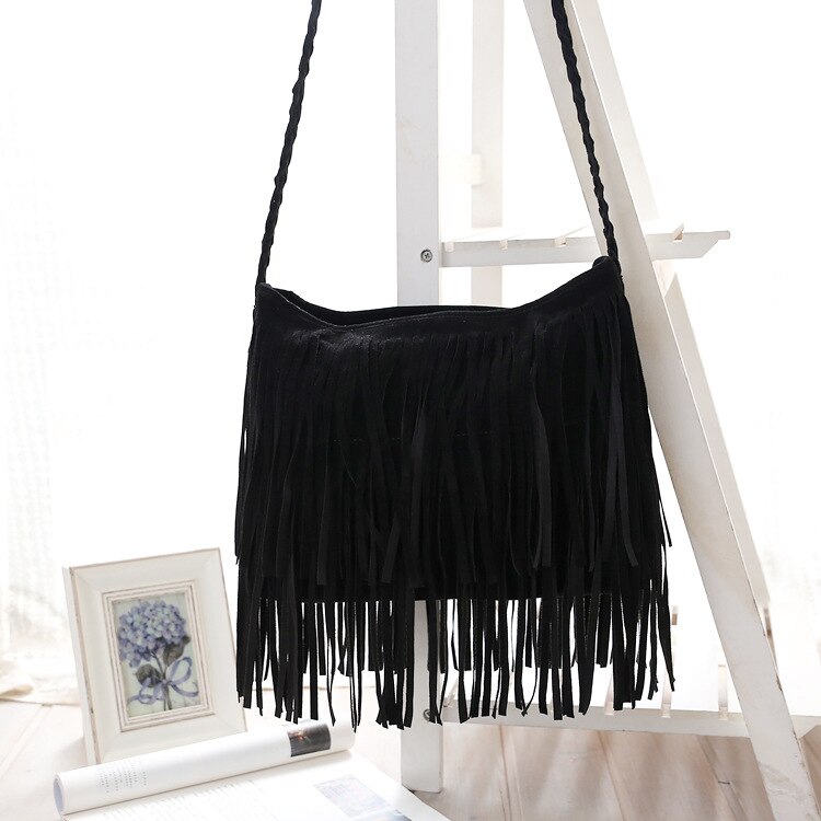 Vintage Frosted PU Leather Fringe Tassel Bags Women Handbag Messenger Crossbody Shoulder Bag Woman Lady Bohemian Hippie Hobo Bag: 3
