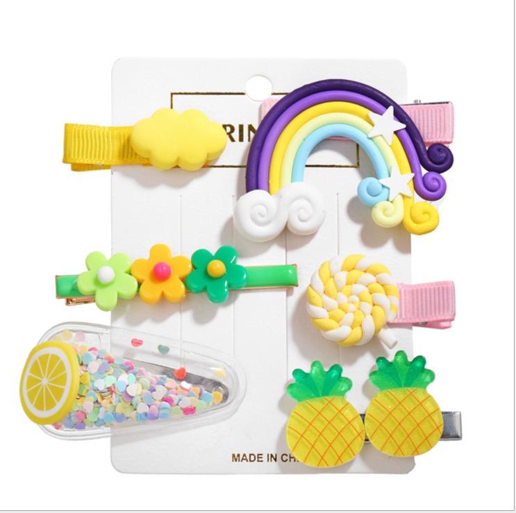 6Pcs Haar Clips Voor Meisjes Mooie Bloem Fruit Regenboog Vorm Haar Haarspeldjes Antislip Snoep Kleur Haarspelden: A