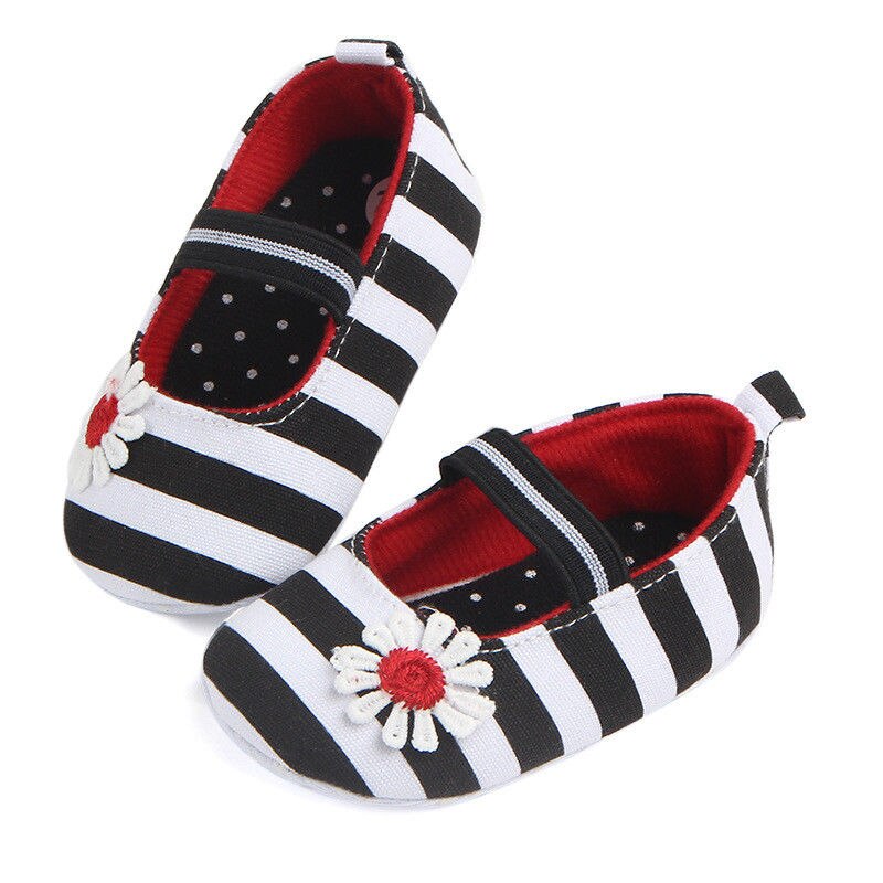 Pasgeboren tot 18 m Zuigelingen Baby Meisje Zachte Crib Schoenen Bloem Gestreepte Canvas Mocassin Prewalker Zool Schoenen Baby Meisje: Zwart / 7-12 Months