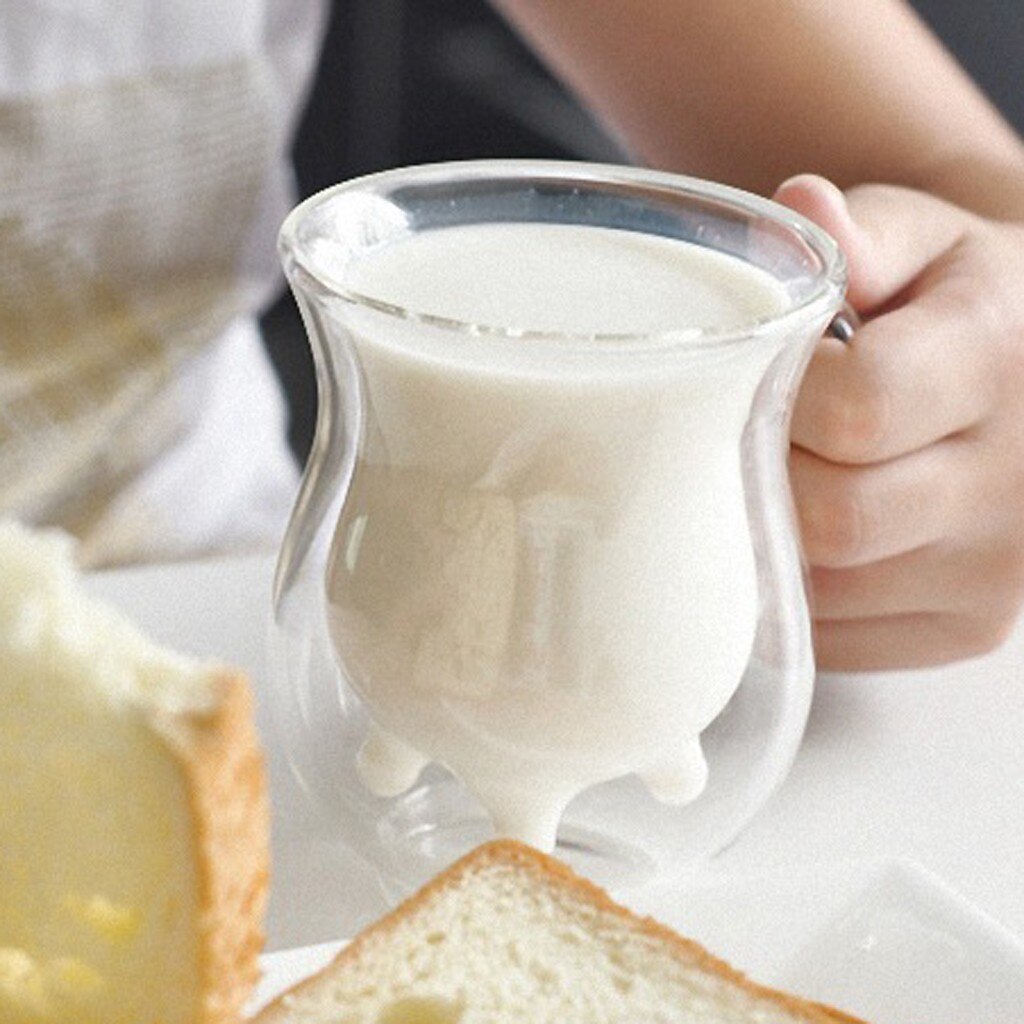 Child Baby's Milk Cup Milk Coffee COW Udder Shape Double Walled Clear Glass Milk Coffee Tea Mug Cup Handle Cute Cup