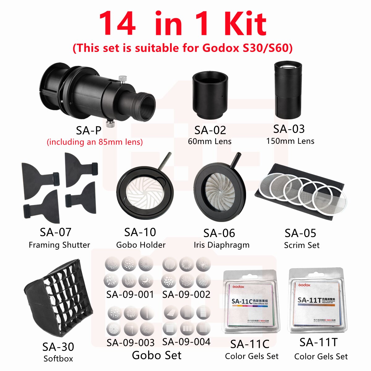 Godox S30/S60 Focusing LED Light Accessories Projection Lens Gobo SA-17 Bowens Mount LED Light To Projector Attachment Spotlight