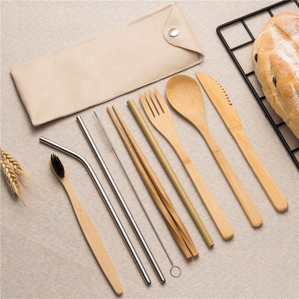 10 stuks Herbruikbare Bamboe Bestek Set Draagbare Servies Houten Bestek Vork Lepel Mes Set met Bestek Tas voor Travel Dinning set: 10pcs set0012