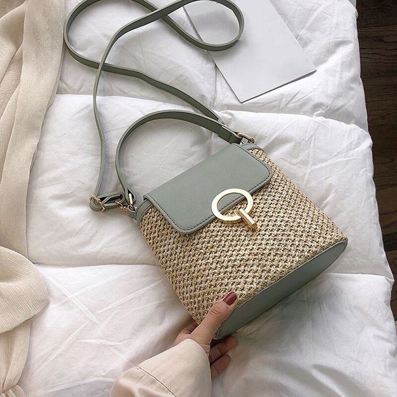 Kleine Stroh Eimer Taschen Für Frauen Sommer Umhängetaschen Dame Reise Geldbörsen Und Handtaschen Weibliche Schulter Einfache Tasche: Grün
