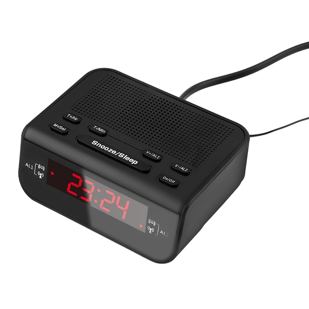 Compact Digital Dual LED display Alarm Clock Port LCD Display Backlight With FM Radio Sleep Timer Black