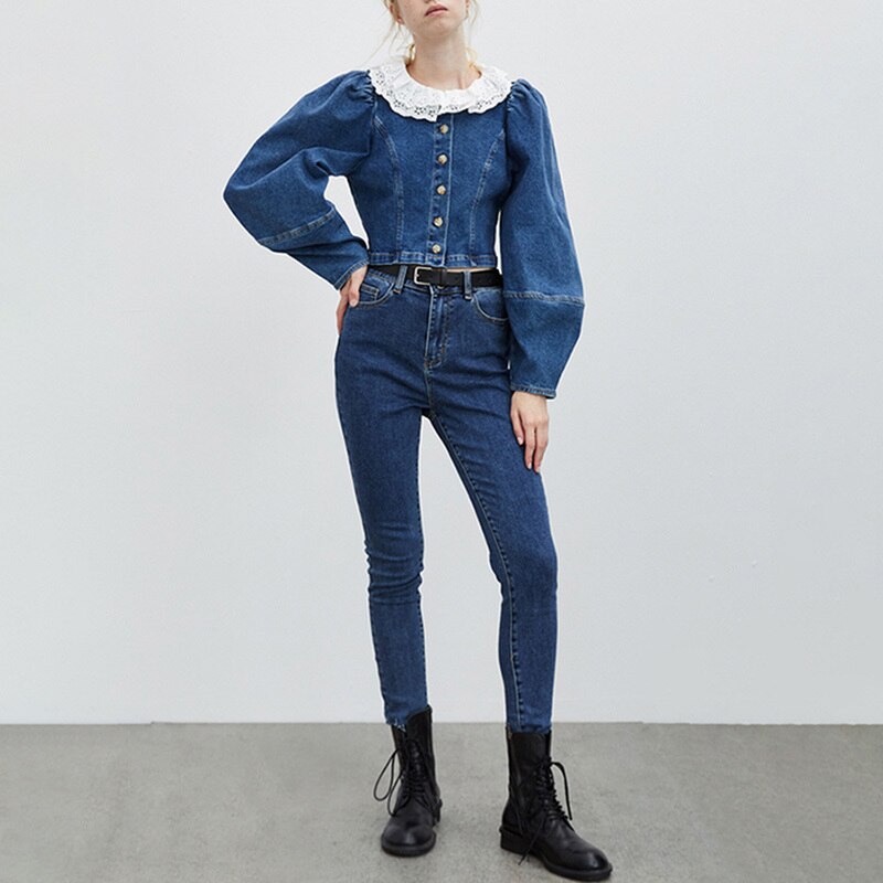 VGH-camisa de encaje Vintage para mujer, blusa vaquera informal con manga acampanada y cuello con volantes, Ropa nueva