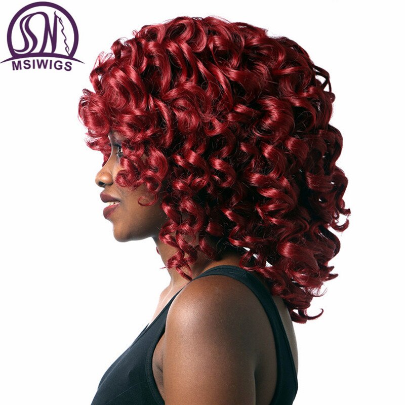 MSIWIGS Afro Red Curly Wigs for Black Women American African Medium Natural Full Synthetic Wig with Bangs Heat Resistant