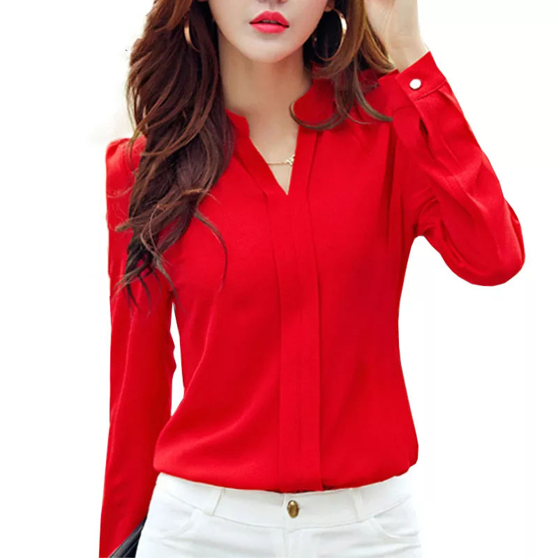 Camisa de manga larga para mujer, ropa de otoño, blusa de gasa ajustada a la con cuello en V, camisas coreanas elegantes para oficina para mujer, blanco y rojo DF2324