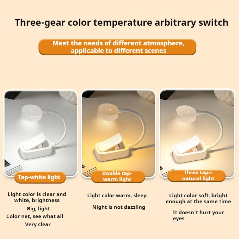 3 Colors LED Book Clip Lights Stepless Dimmable Eye Protection Reading Lamp with Clip Folding 360° Rotate Bedroom Table Lamp