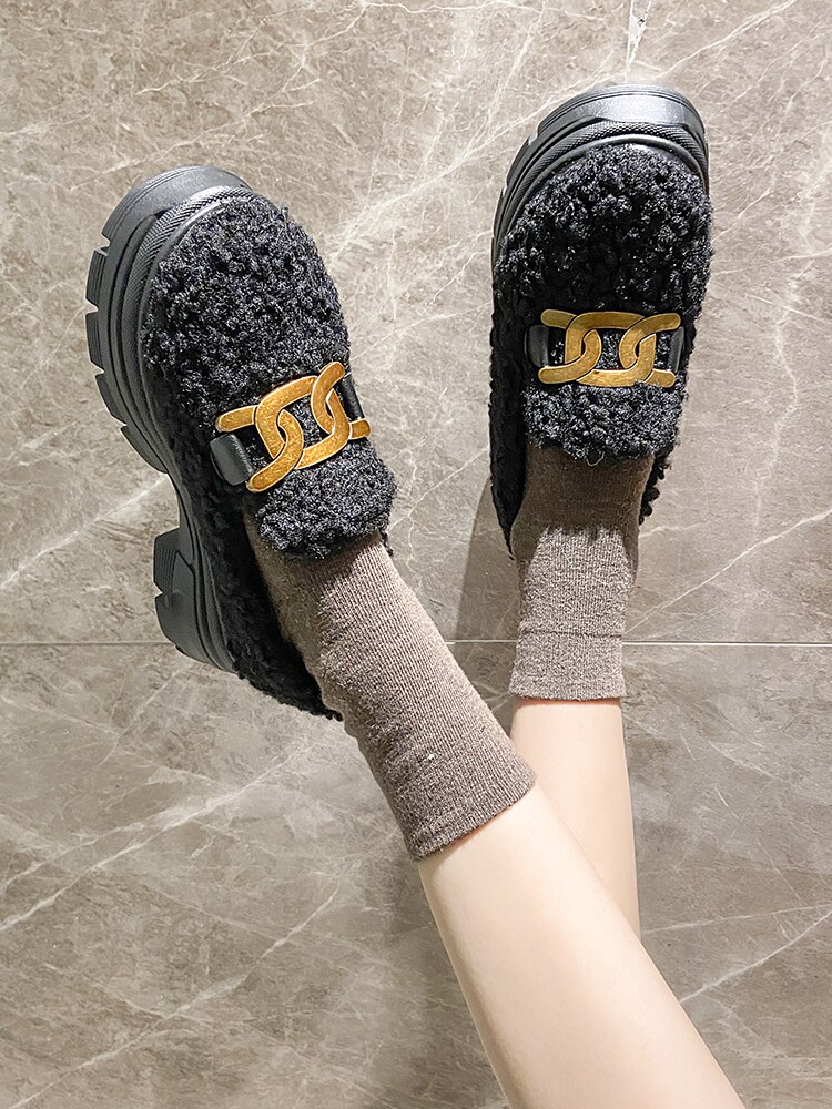 Damesschoenen platform herfst loafers met bont casual dames sneakers ronde neus instappers all-match klompen herfst instappers winter