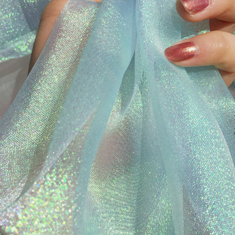 Sparkle Shiny Fabric, Magic Iridescent Organza, Holographic Translucent Cloth: XL / Blue