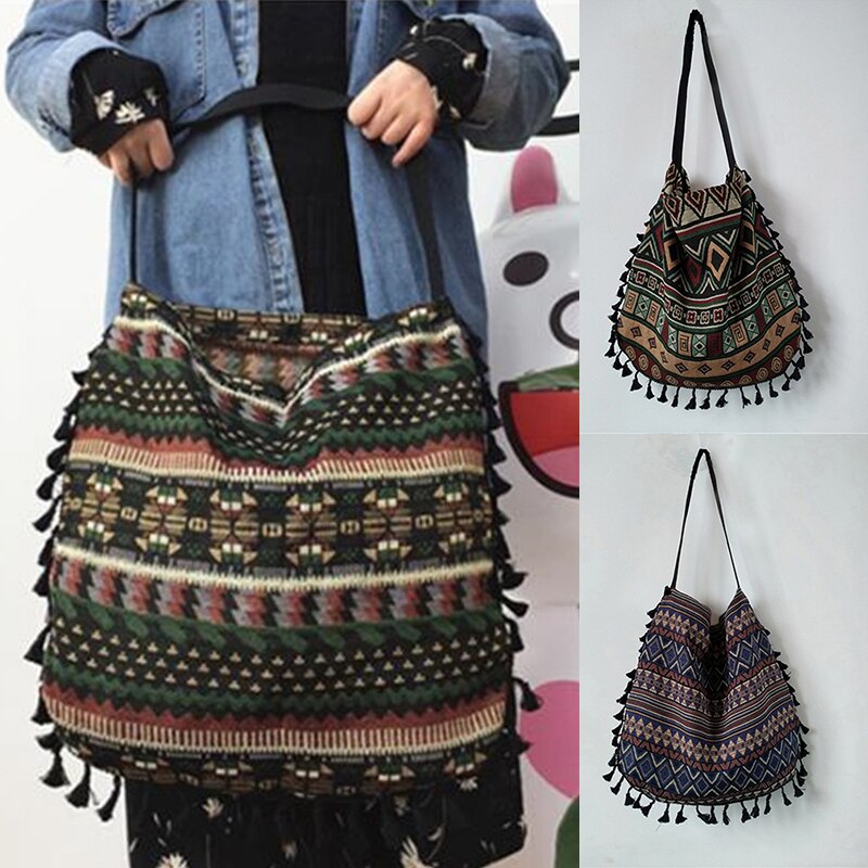 Vintage Etnische Stijl Enkele Schoudertas Handtas Kwastje Katoen Linnen Geen Voering Met Binnenzak Mode Womens Bag Zomer Boho