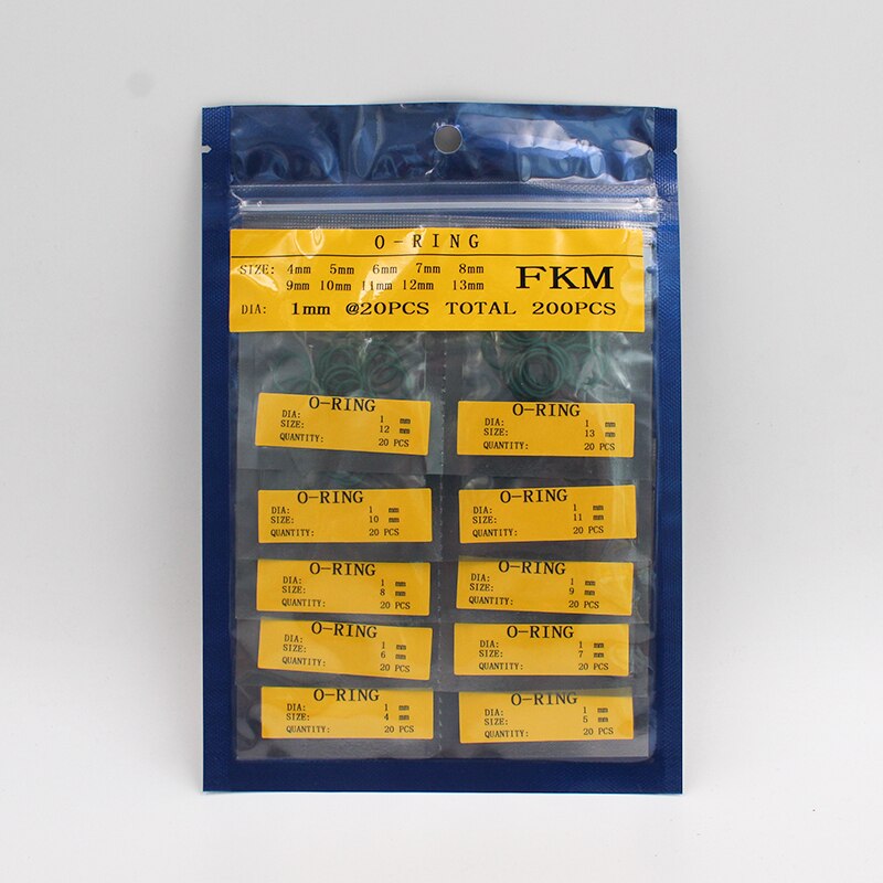 Joint torique en caoutchouc fluoré FKM vert, kit de réparation de tailles multiples épaisseur combinée CS1.9mm joints d&#39;étanchéité résistant à l&#39;usure: OD5-OD14-100PCS