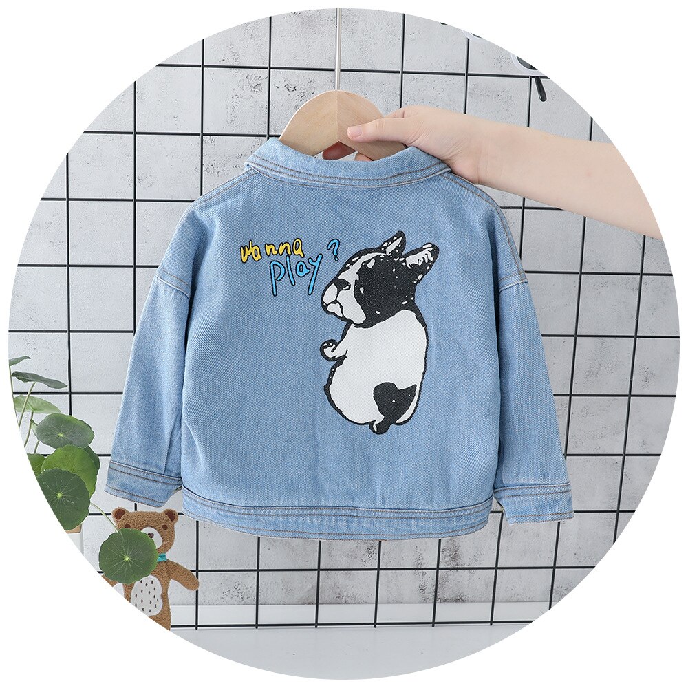 Autumn Baby Boys Cartoon Dog Long Sleeve Lapel Collar Denim Jeans Jacket Children Kids Casual Outerwear Girls Coat casaco