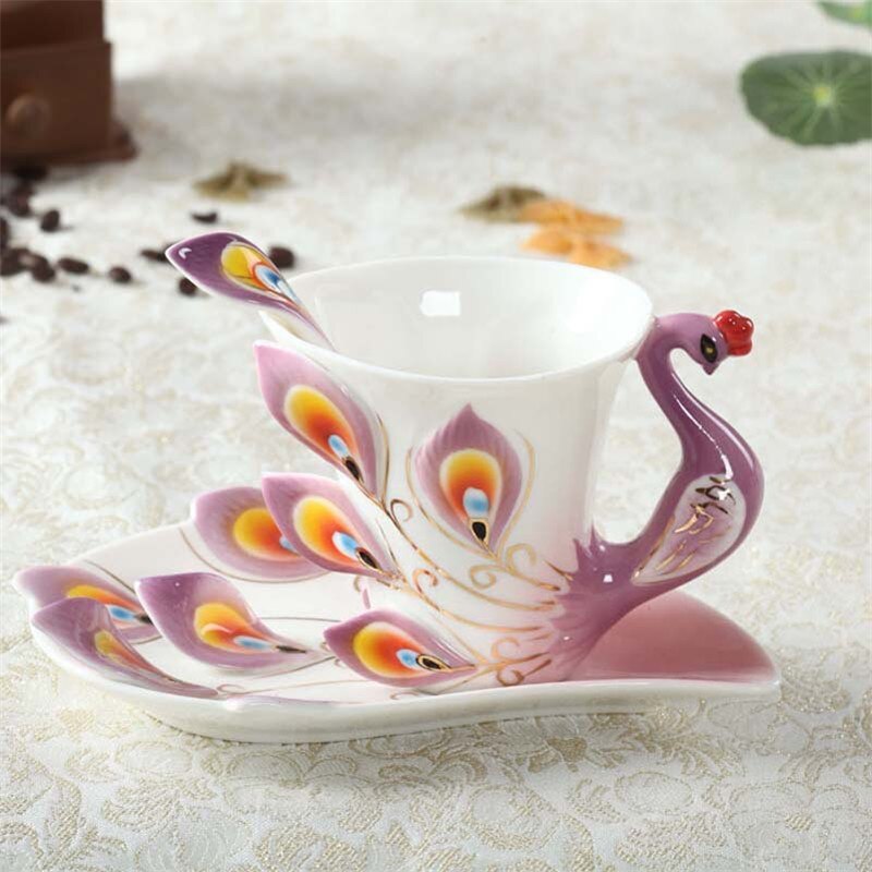 Taza de pavo real esmaltada de Color de cerámica con plato de café té beber agua tazas artesanales decoración creativa cumpleaños de San Valentín