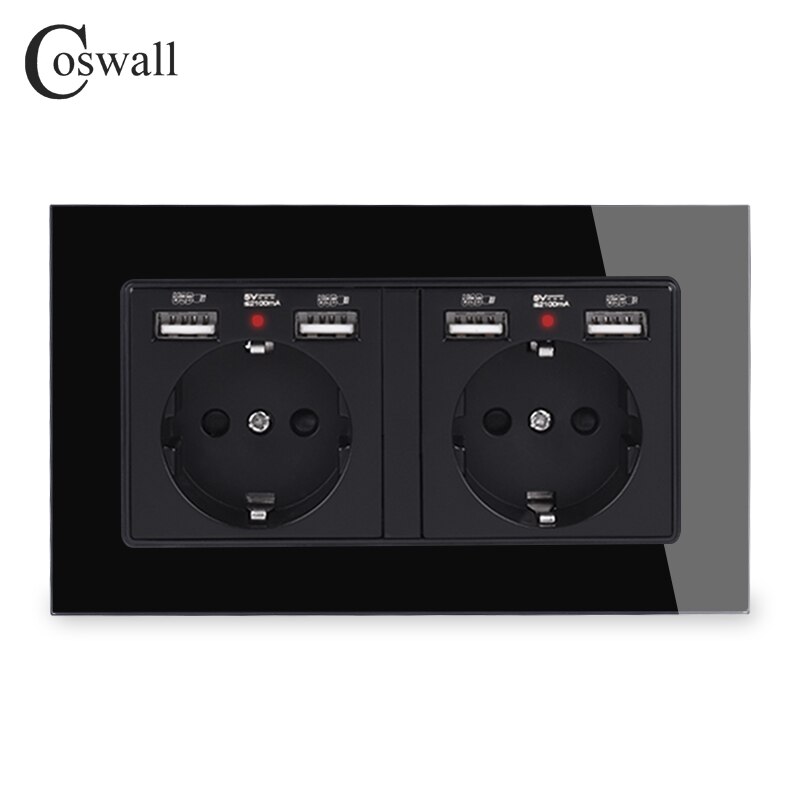cosmall, 2 grupos, enchufe de pared estándar de la UE de Rusia, España con 4 puertos de carga USB, Panel de cristal con indicador LED suave oculto: Black