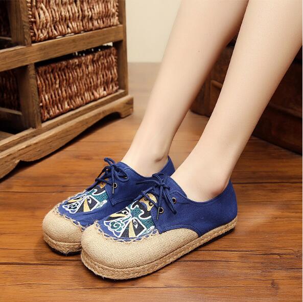 , mocasines bordados para mujer, zapatos planos para mujer, zapatos únicos respirables de lona DE LINO DE VERANO sy67: Azul / 9