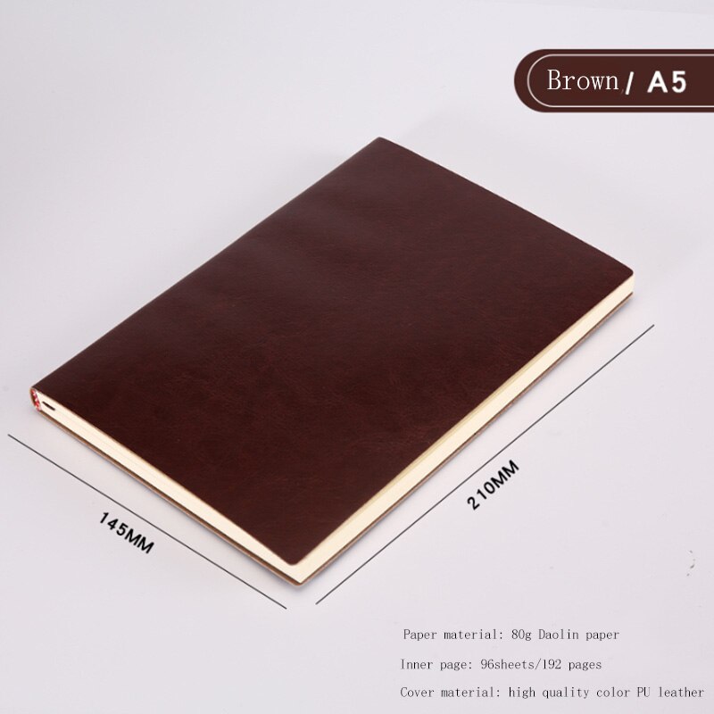 Soft Business Leather Diary Notebook A6 A5 B5 PU Travelers Journal Thicken School Office Meeting Record Notepad Handbook: A5 Brown