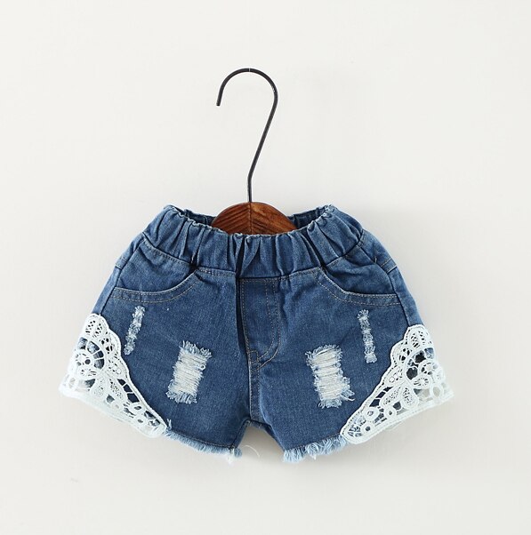 Summer Korean girls lace hole jeans shorts Cowboy Kids Girls Cute Shorts Jeans Short Lace Pocket Denim Shorts children 2-12Y: Dark blue / 11T