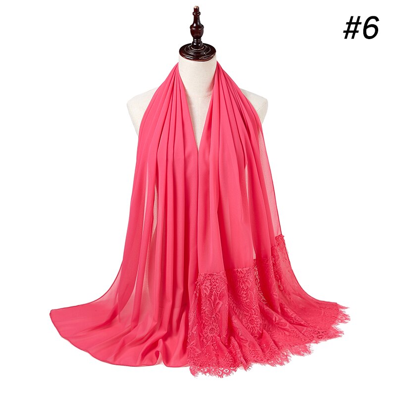 Vrouw Vlakte Kant Sjaal Buble Chiffon Moslim Sjaal Moslim Effen Kleur Lady Uitlaat Luxe Foulard Hijaabs: color 6