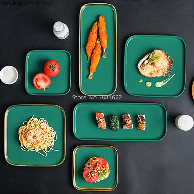 Nordisk keramik western tallerken grøn husholdning firkantet service restaurant phnom penh bøf fad køkkenredskaber snack kagebakke