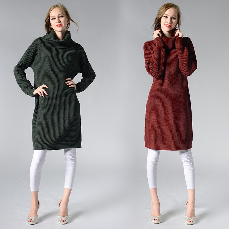 Hoffen nieuwkomers vrouwen lange trui jurk coltrui knielange losse winter gebreide jurken solid party vestidos kerst