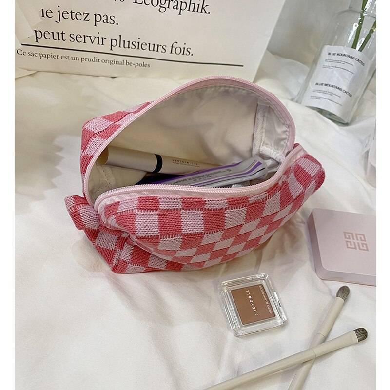 Checkerboard Storage Bag Pouch Basic Retro Check Patterns Pencil Bag Pen Case for Travel Stationery Office School A6933: Pink