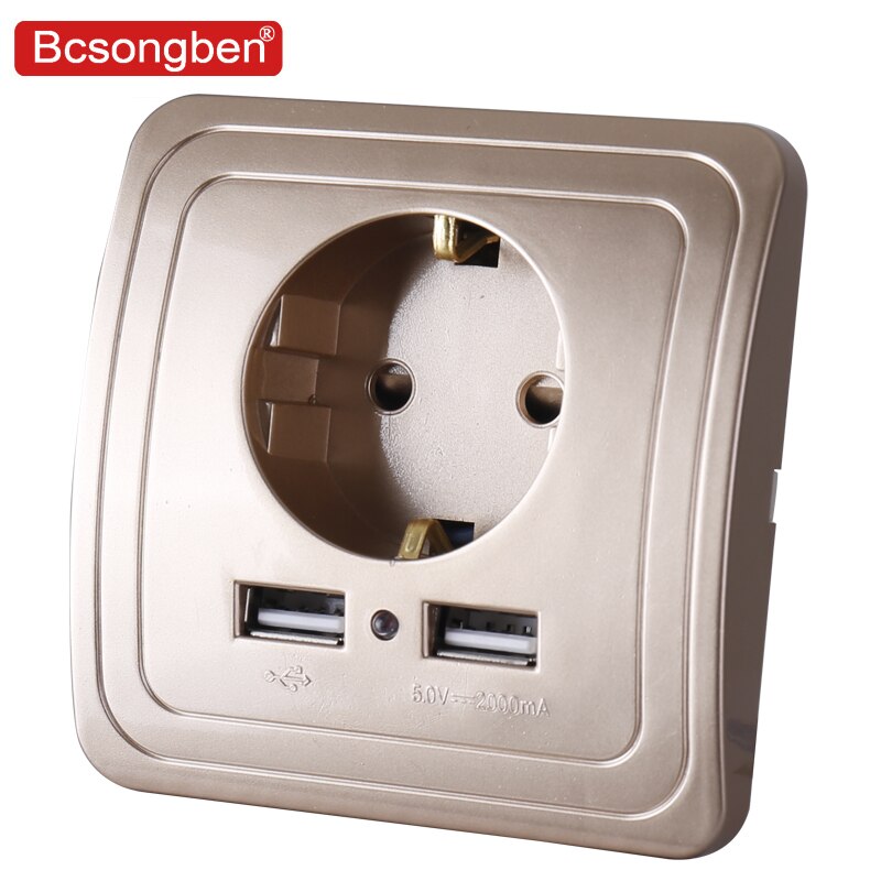 Bcsongben Wall USB Power Socket, AC 110V-250V 16A For Home, PC Panel 86mm*86mm Dual USB EU Standard Wall Socket